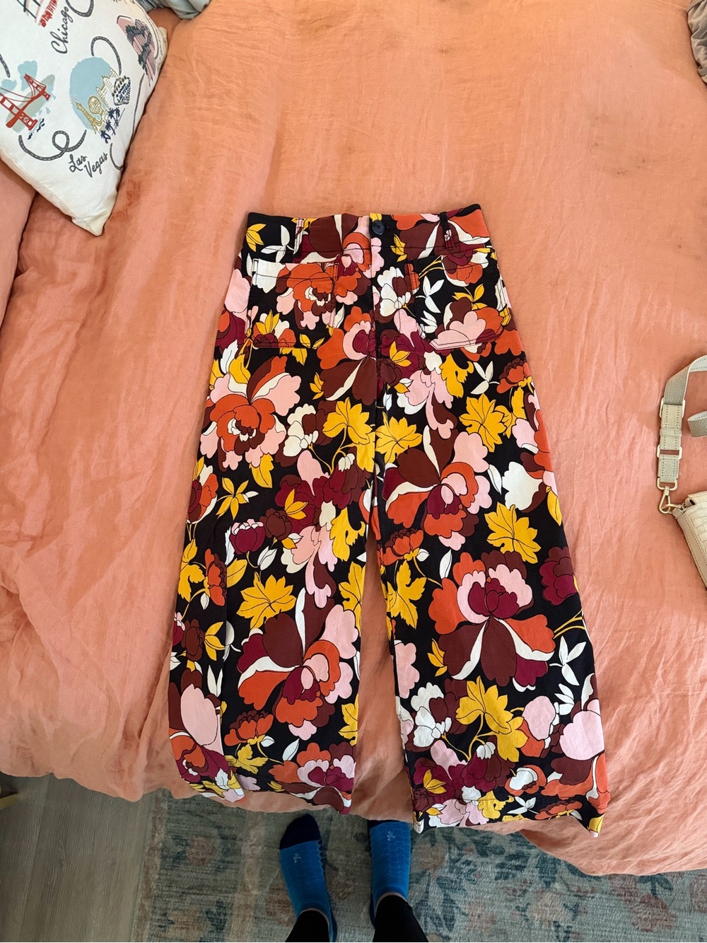 Maeve Floral Wide-Leg Pants in Black, Yellow, Pink and Orange